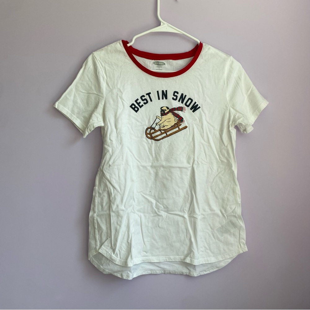 Old Navy White Tee with Red Accents and Graphic